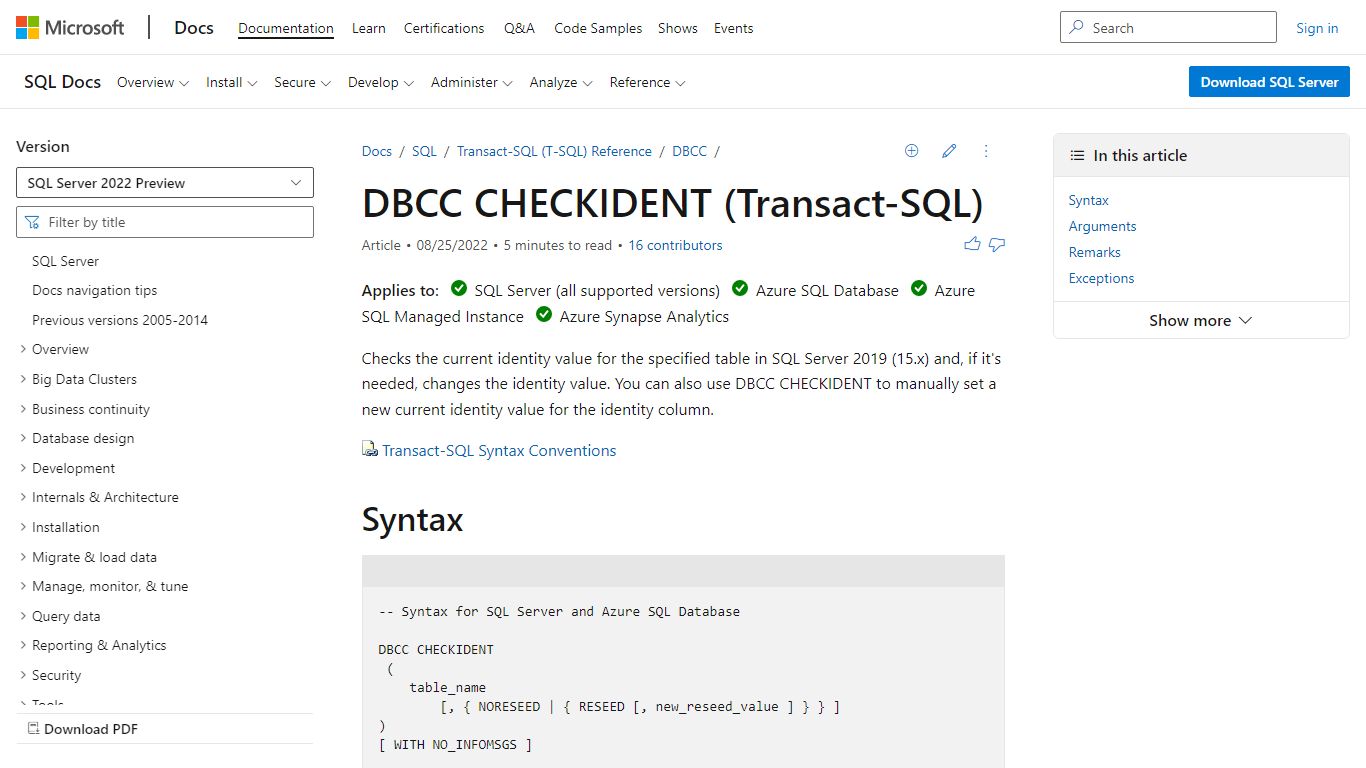 DBCC CHECKIDENT (Transact-SQL) - SQL Server | Microsoft Docs